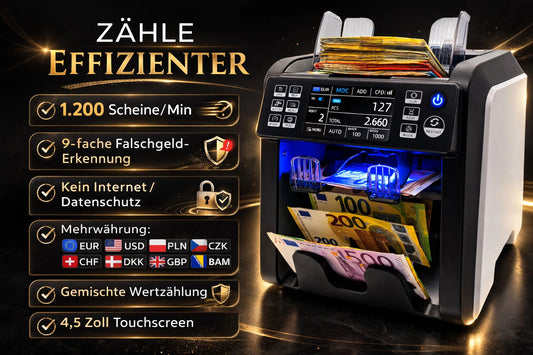 BEITZ BS-950A Geldzählmaschine mit 2 Taschen, 1.200 Scheine pro Minute, 9-facher Falschgelderkennung, Mehrwährung, gemischter Wertzählung und 4,5 Zoll Touchscreen