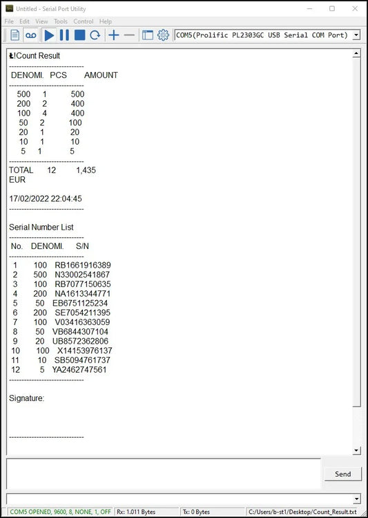 BEITZ BS-01 USB-RS232 Anschlusskabel mit PC-Software für Geldzählmaschinen. Darstellung des Zählprotokolls mit Stückzahl, Betrag, Datum und Seriennummern-Liste über COM-Port-Verbindung. Ideal für Kassen- und Buchhaltungsdokumentation, kompatibel mit BEITZ BS-950A, BS-920A und BS-910A.