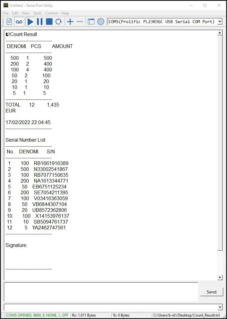 BEITZ BS-01 USB-RS232 Anschlusskabel mit PC-Software für Geldzählmaschinen. Darstellung des Zählprotokolls mit Stückzahl, Betrag, Datum und Seriennummern-Liste über COM-Port-Verbindung. Ideal für Kassen- und Buchhaltungsdokumentation, kompatibel mit BEITZ BS-950A, BS-920A und BS-910A.