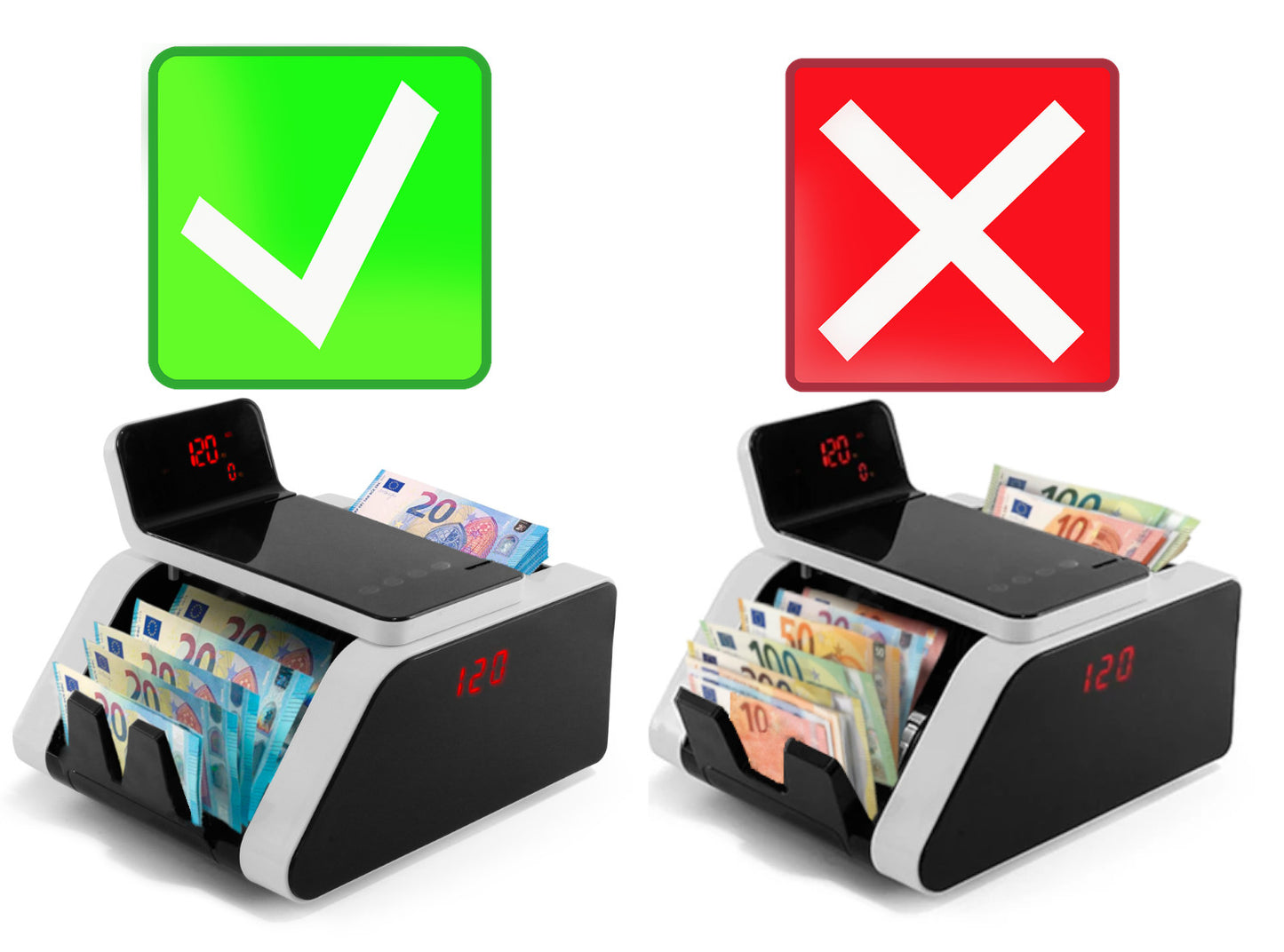 beitz bs1002 geldzaehlmaschine banknotenzaehler richtiges und falsches einlegen von euro scheinen anleitung bild fuer korrekte verwendung stueckzaehler professionell fuer handel und buero