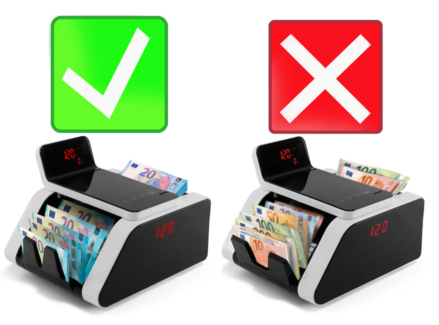 beitz bs1002 geldzaehlmaschine banknotenzaehler richtiges und falsches einlegen von euro scheinen anleitung bild fuer korrekte verwendung stueckzaehler professionell fuer handel und buero