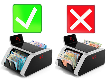 beitz bs1002 geldzaehlmaschine banknotenzaehler richtiges und falsches einlegen von euro scheinen anleitung bild fuer korrekte verwendung stueckzaehler professionell fuer handel und buero