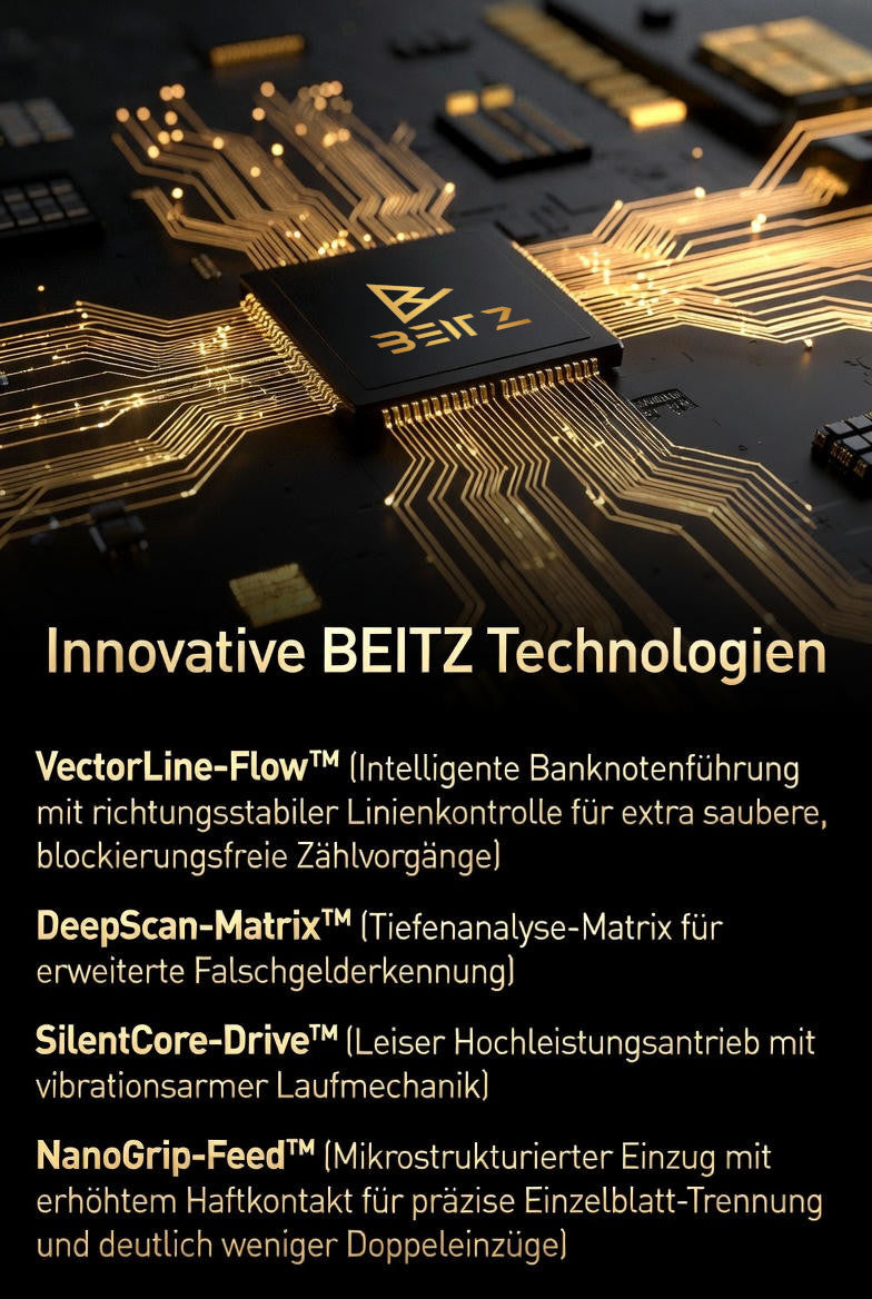 BEITZ Mikrochip mit goldenen Leiterbahnen – Innovative BEITZ Technologien: VectorLine-Flow, DeepScan-Matrix, SilentCore-Drive, NanoGrip-Feed für präzise Geldzählmaschinen und Falschgelderkennung