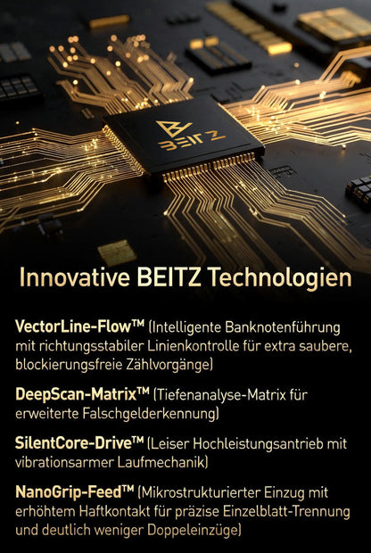 BEITZ Mikrochip mit goldenen Leiterbahnen – Innovative BEITZ Technologien: VectorLine-Flow, DeepScan-Matrix, SilentCore-Drive, NanoGrip-Feed für präzise Geldzählmaschinen und Falschgelderkennung