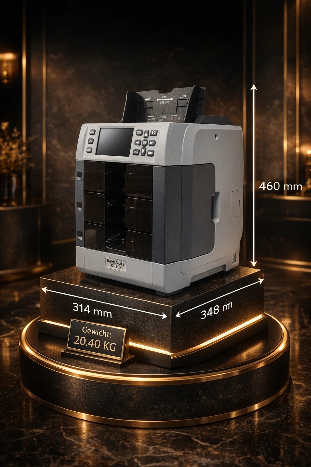 BEITZ BS-3000 X3 Elite Geldzähl- und Sortiermaschine mit Maßgrafik: Höhe 460 mm, Grundfläche 314 × 348 mm und Gewicht 20,40 kg – kompakter Profi-Banknotensortierer für Kasse, Filiale und Cash-Management.