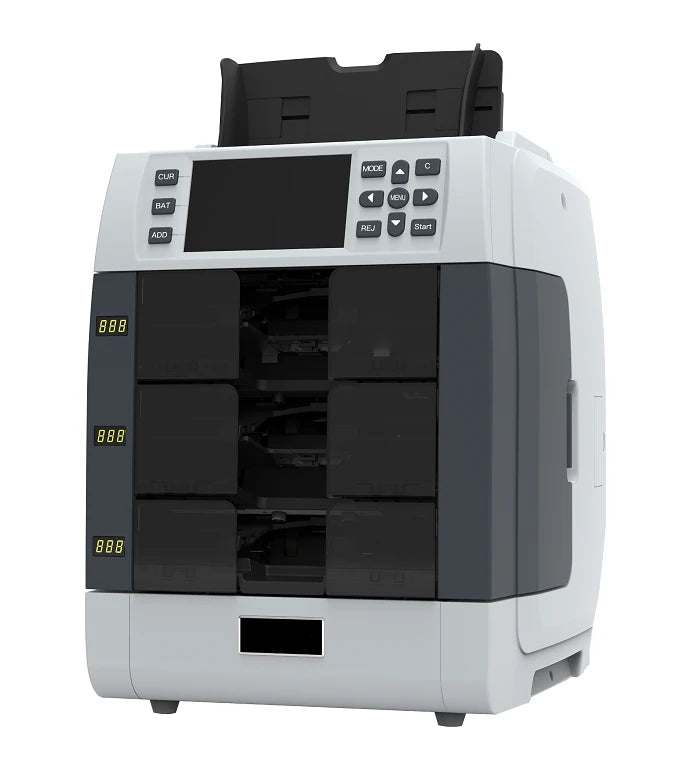 BEITZ BS-3000 X3 Elite Geldzähl- und Sortiermaschine – Studio-Frontansicht auf weißem Hintergrund mit 2 Stackern und Reject-Fach, Bedienfeld/Display und Hopper für professionelles Bargeldmanagement.