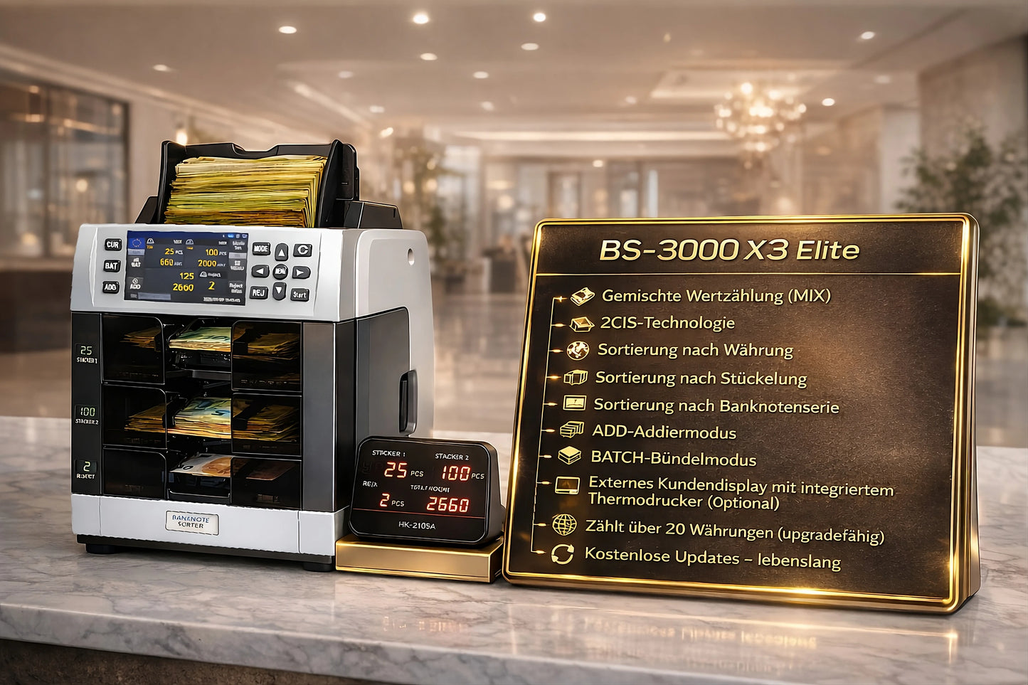 BEITZ BS-3000 X3 Elite Geldzähl- und Sortiermaschine mit Feature-Tafel: MIX-Wertzählung, 2CIS-Technologie, Sortierung nach Währung/Stückelung/Banknotenserie, ADD-Addiermodus und BATCH-Bündelmodus sowie externes Kundendisplay (optional) im Showroom-Setting.