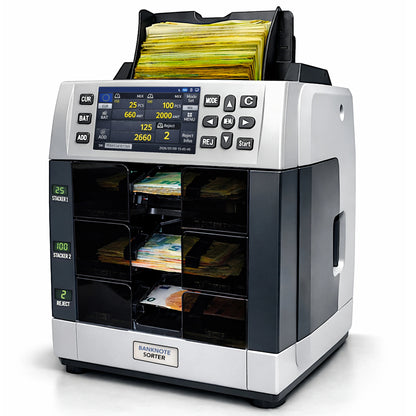 BEITZ BS-3000 X3 Elite Geldzählmaschine & Banknotensortierer (2+1 Pocket) – Frontansicht auf weißem Hintergrund mit Hopper, Display, 2 Stackern und Reject-Fach.