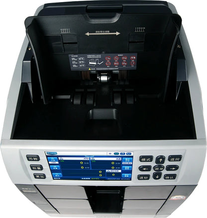 Obere Ansicht der BEITZ BS-3000 X3 Elite: großer Hopper/Einzug für Banknoten, Transport- und Einzugsbereich sowie Display mit Bedienfeld – geeignet für schnelles Zählen und Sortieren im professionellen Bargeldmanagement.