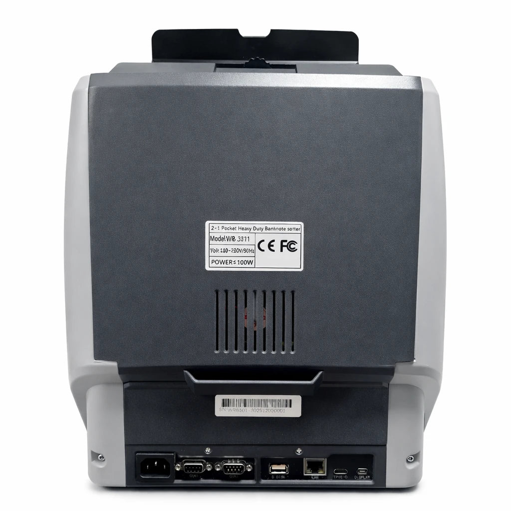 Rückseite der BEITZ BS-3000 X3 Elite Geldzähl- und Sortiermaschine: Anschlüsse für LAN (Netzwerk), USB, RS232, Stromanschluss sowie Typenschild – ideal für PC-Live-Daten, Export und Integration ins Bargeldmanagement.