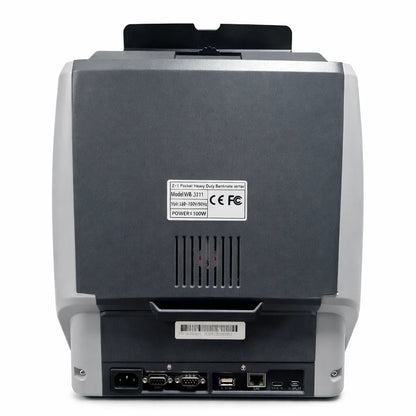 Rückseite der BEITZ BS-3000 X3 Elite Geldzähl- und Sortiermaschine: Anschlüsse für LAN (Netzwerk), USB, RS232, Stromanschluss sowie Typenschild – ideal für PC-Live-Daten, Export und Integration ins Bargeldmanagement.