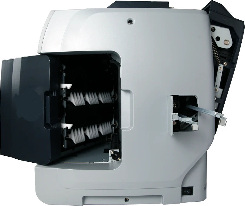 Seitenansicht der BEITZ BS-3000 X3 Elite mit geöffneter Wartungsklappe: Zugang zu Transportrollen/Einzug für schnelle Reinigung und Service bei Geldstau – wartungsfreundliche Geldzähl- und Sortiermaschine für den Profi-Einsatz.