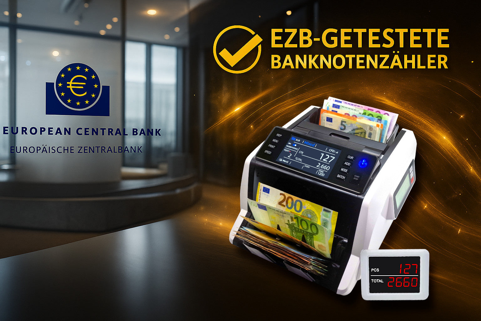 BEITZ BS-910A Geldzählmaschine – Banknotenzähler, EZB-getestet, Wertzähler, Falschgelderkennung, Display-Anzeige, Euro-Scheine