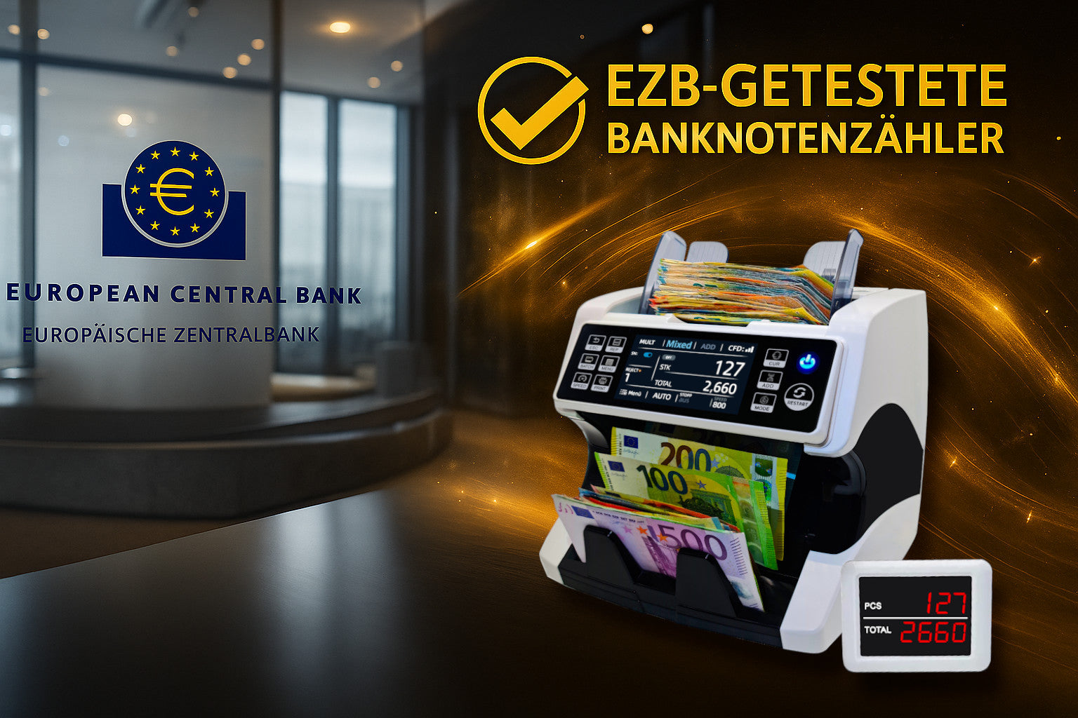 BEITZ BS-920A Geldzählmaschine mit Wertzählung, 2CIS-Technologie, EZB-Test und 9-facher Falschgelderkennung. Professioneller Banknotenzähler mit Euro-Banknoten.