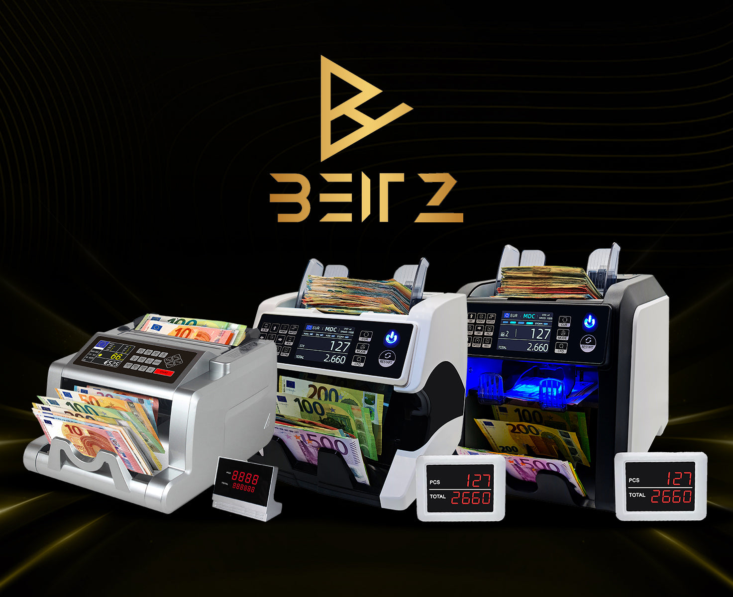 BEITZ Geldzählmaschinen BS-950A, BS-920A und BS-910A im Vergleich – professionelle Banknotenzähler mit Wertzählung, 9-facher Falschgelderkennung und externem Kundendisplay. Hochwertiges Markenbanner mit goldenem BEITZ-Logo und modernem Design – ideal für Tankstellen, Autohäuser, Wechselstuben und Einzelhandel.
