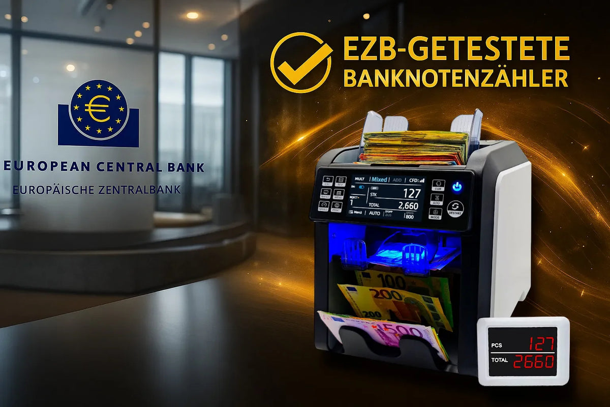 BEITZ BS-950 Geldzählmaschine – Wertzähler Für EUR, USD, PLN, CZK, CHF, DKK, Mit Falschgeldprüfung (UV/MG/MT/IR), Bis 1200 Scheine/Min., 500er Fassung EUR USD CHF DKK Zähler