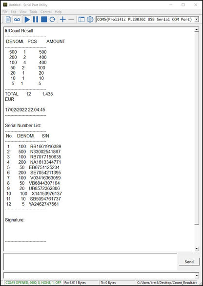 BEITZ BS-01 USB-RS232 Anschlusskabel mit PC-Software für Geldzählmaschinen. Darstellung des Zählprotokolls mit Stückzahl, Betrag, Datum und Seriennummern-Liste über COM-Port-Verbindung. Ideal für Kassen- und Buchhaltungsdokumentation, kompatibel mit BEITZ BS-950A, BS-920A und BS-910A.