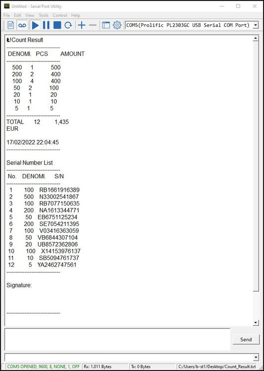 BEITZ BS-01 USB-RS232 Anschlusskabel mit PC-Software für Geldzählmaschinen. Darstellung des Zählprotokolls mit Stückzahl, Betrag, Datum und Seriennummern-Liste über COM-Port-Verbindung. Ideal für Kassen- und Buchhaltungsdokumentation, kompatibel mit BEITZ BS-950A, BS-920A und BS-910A.
