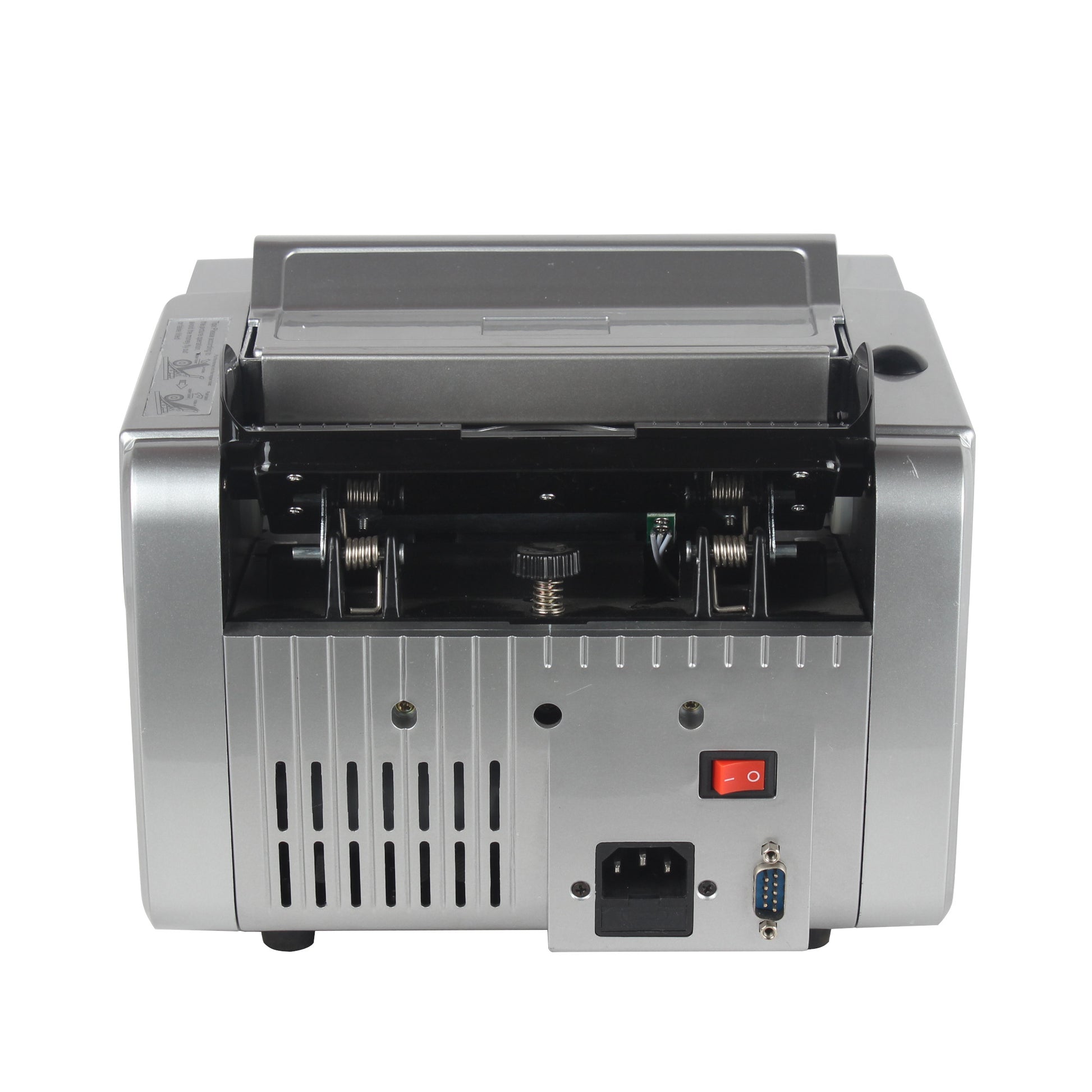 BEITZ BS-5300 Geldzaehlmaschine Rueckansicht mit Netzanschluss und serieller Schnittstelle – professioneller Banknotenzaehler mit Anschluss fuer PC oder Thermodrucker – robuste Bauweise mit effizienter Kuehlung und sicherem Netzschalter – geeignet fuer gewerblichen 