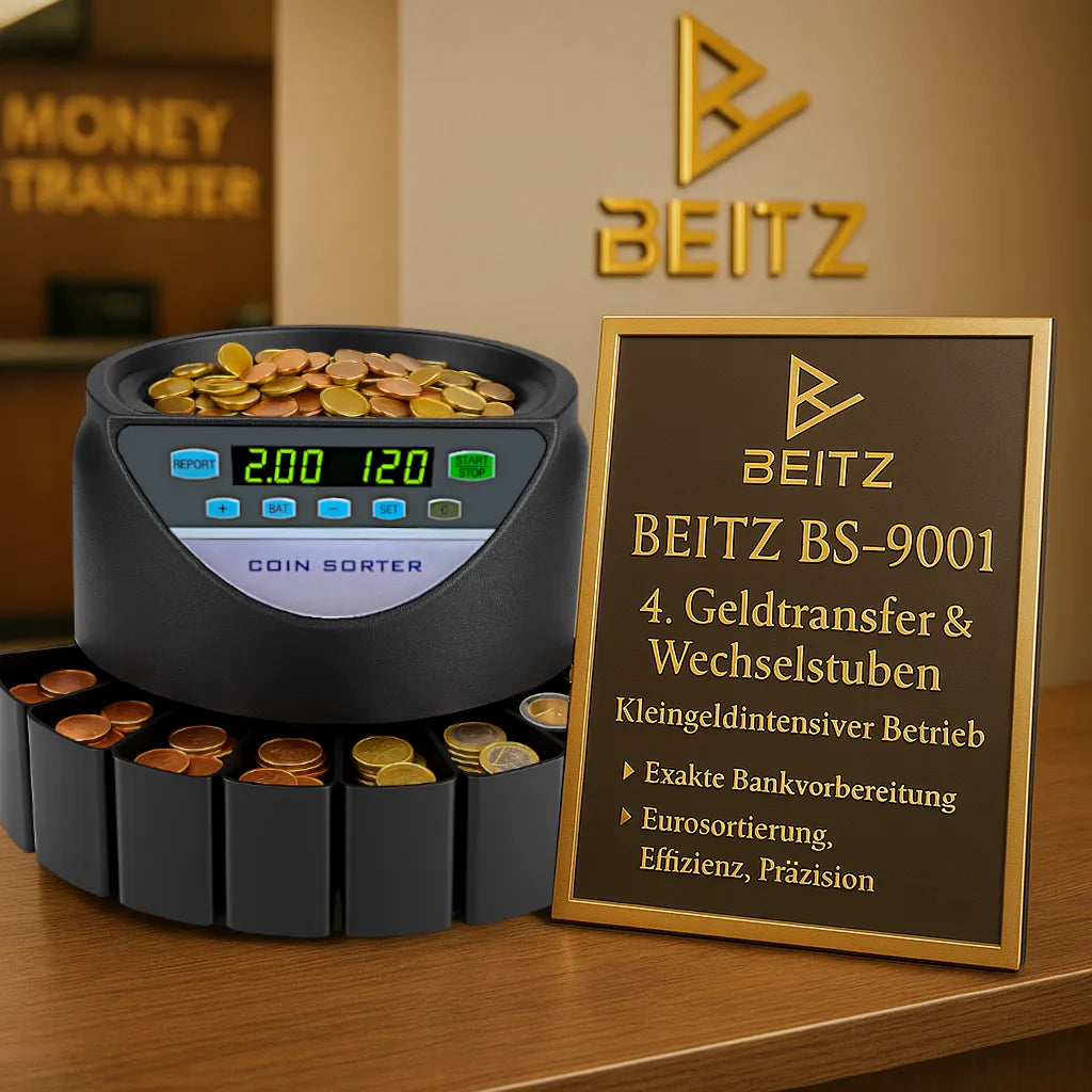 beitz bs9001 muenzzaehlmaschine schwarz lifestyle bild auf tisch in geschaeftsumgebung fuer bargeldmanagement und buero