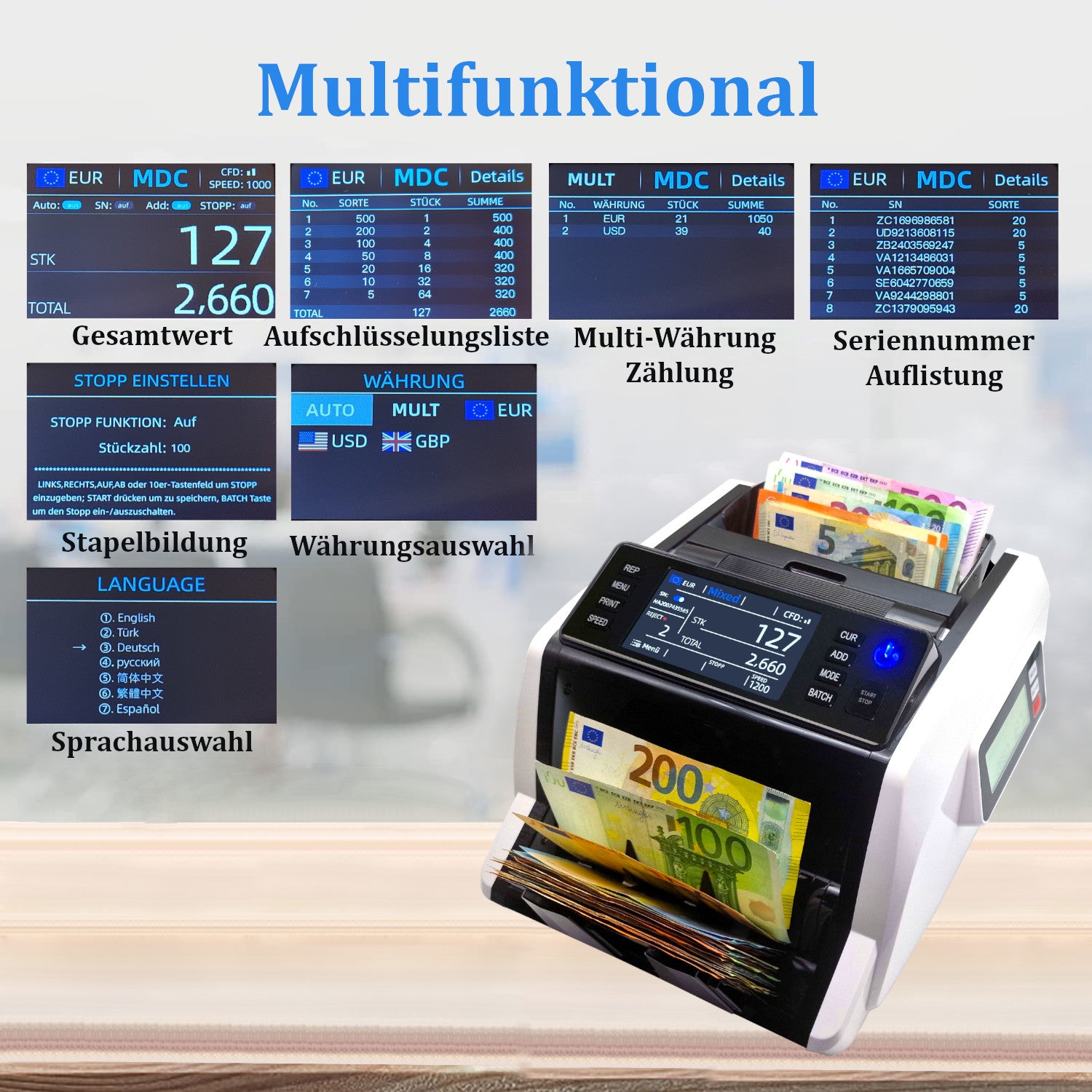 beitz bs910a geldzaehlmaschine multifunktion wertzaehler serialnummer waehrungsauswahl stapelbildung sprachauswahl professionell