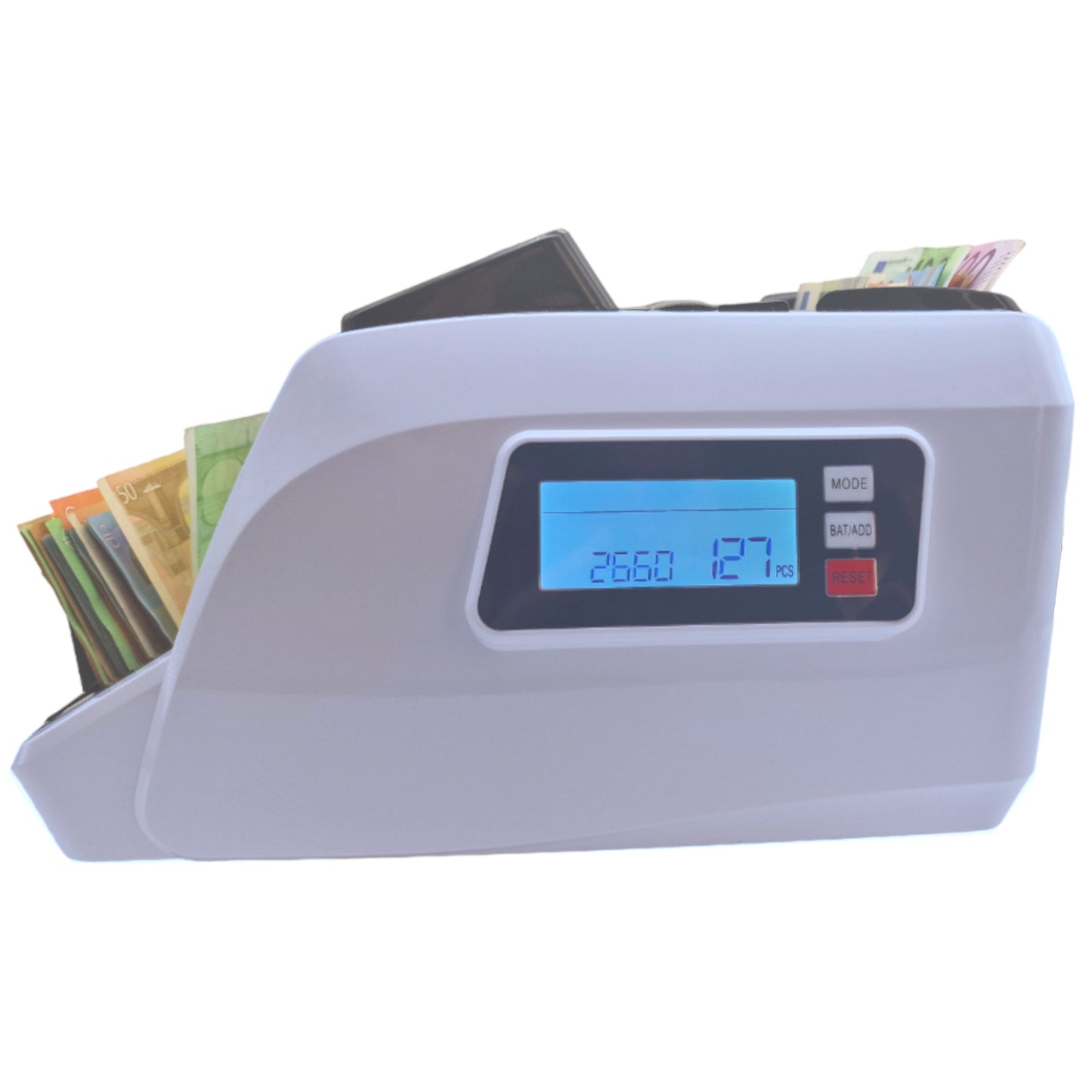 beitz bs910a geldzaehlmaschine display nahaufnahme stueckzahl und gesamtwert anzeige externes kundendisplay led rot pcs total