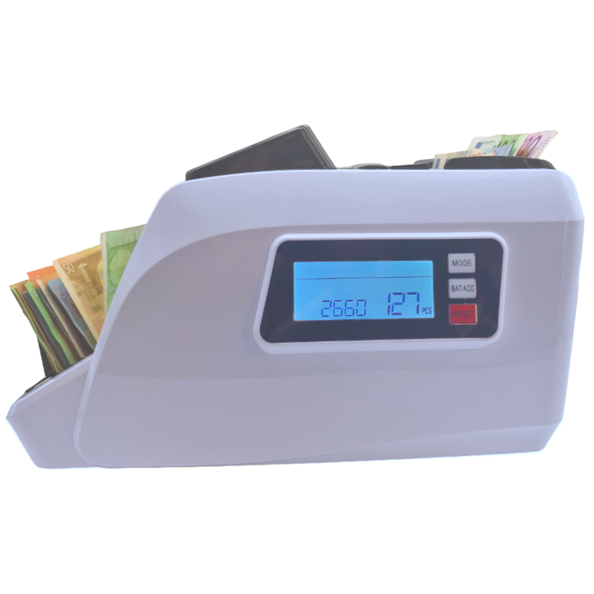 beitz bs910a geldzaehlmaschine display nahaufnahme stueckzahl und gesamtwert anzeige externes kundendisplay led rot pcs total