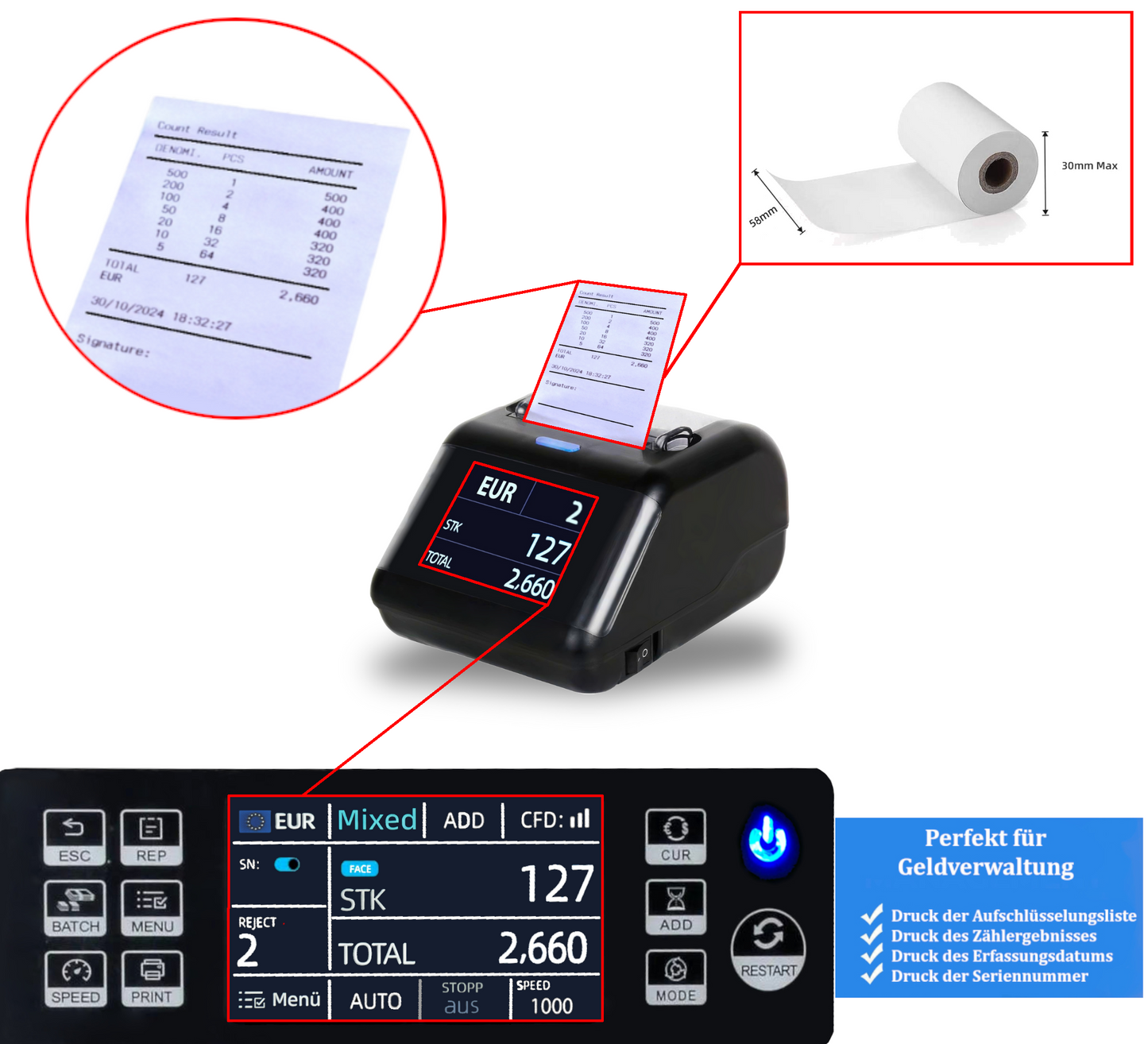BEITZ BS-P30 Thermodrucker für Geldzählmaschinen – druckt Aufschlüsselungslisten, Seriennummern, Zählergebnisse und Erfassungsdatum. Kompatibel mit BEITZ BS-950A, BS-920A und BS-910A. Ideal für Belegdruck und revisionssichere Geldverwaltung im Einzelhandel und Finanzwesen.