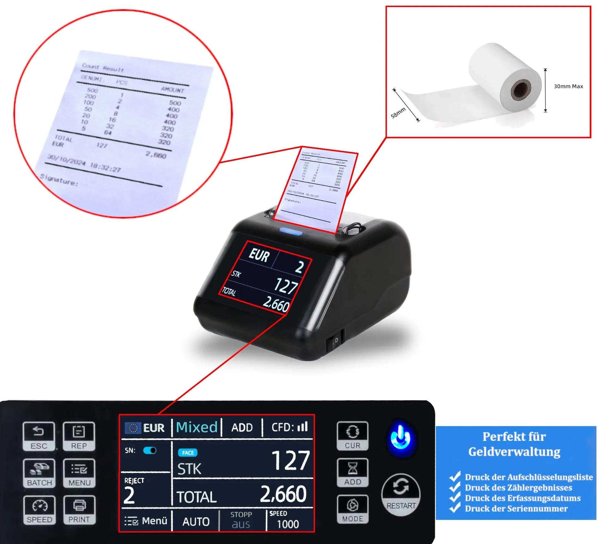 BEITZ BS-P30 Thermodrucker für Geldzählmaschinen – druckt Aufschlüsselungslisten, Seriennummern, Zählergebnisse und Erfassungsdatum. Kompatibel mit BEITZ BS-950A, BS-920A und BS-910A. Ideal für Belegdruck und revisionssichere Geldverwaltung im Einzelhandel und Finanzwesen.
