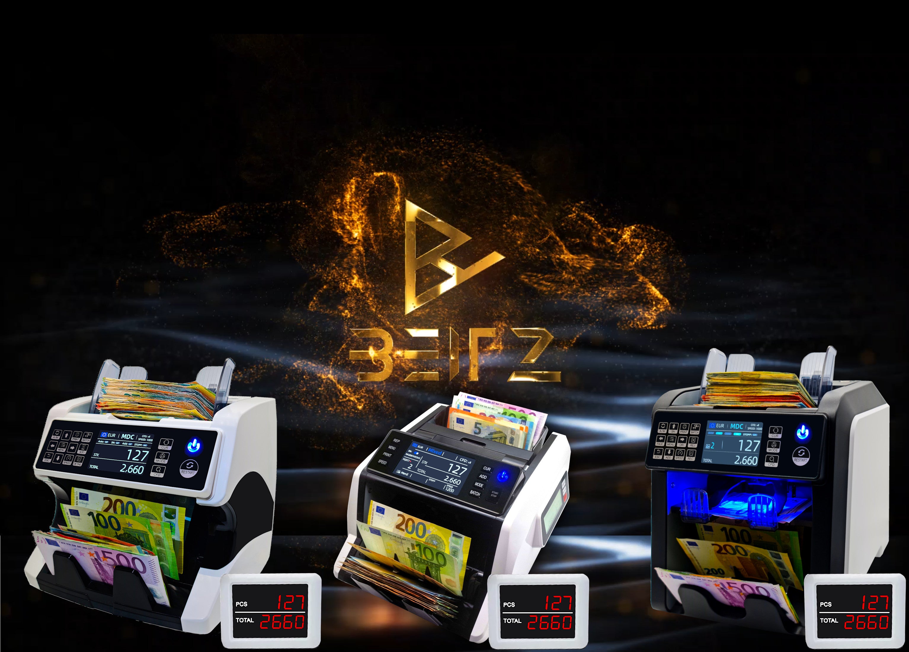 BEITZ Geldzählmaschinen BS-5300, BS-920A und BS-950A nebeneinander im Vergleich. Professionelle Banknotenzähler mit Wertzählung, 9-facher Falschgelderkennung und externem Kundendisplay. Hochwertiges Markenbild mit goldenem BEITZ-Logo auf schwarzem Hintergrund – ideal für Tankstellen, Autohäuser, Wechselstuben und Einzelhandel.