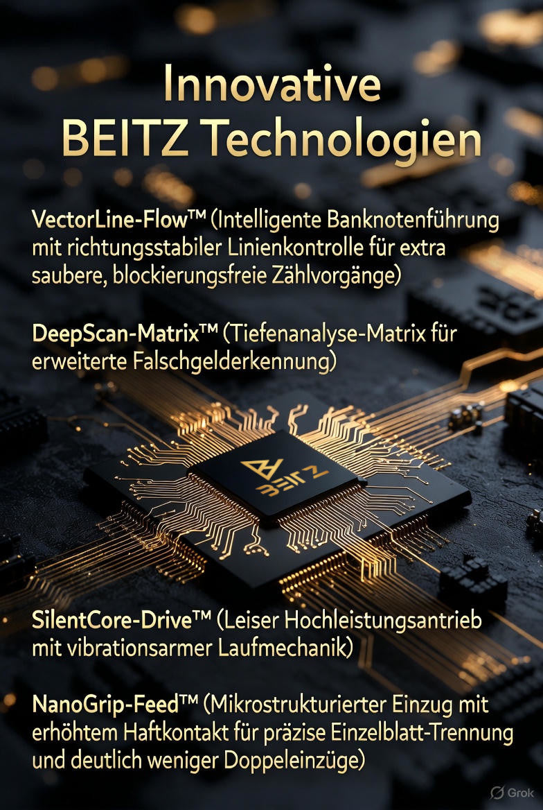Technologiechip der BEITZ BS-920A mit VectorLine-Flow, DeepScan-Matrix, SilentCore-Drive und NanoGrip-Feed – modernste Sensorik für präzises Zählen und Falschgelderkennung.