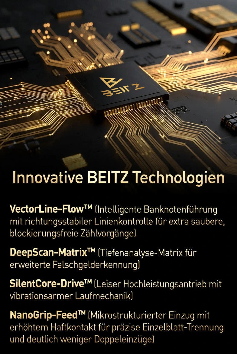 BEITZ Technologie-Grafik mit Chip-Motiv: Innovative Banknoten-Technologien wie VectorLine-Flow (stabile Banknotenführung), DeepScan-Matrix (erweiterte Falschgelderkennung), SilentCore-Drive (leiser Hochleistungsantrieb) und NanoGrip-Feed (präzise Einzelblatt-Trennung mit weniger Doppeleinzügen).