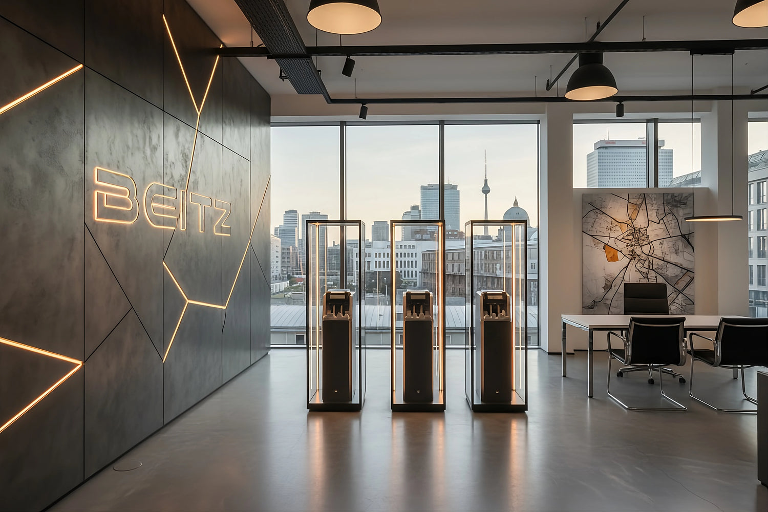 BEITZ Showroom in Berlin mit modernen Geldzählmaschinen in Vitrinen und exklusivem Marken-Interior mit Stadtblick